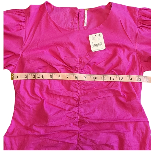 NWT Free People Hope Mini Dress Fuchsia Puff Sleeve Ruched Cotton S - Picture 17 of 17